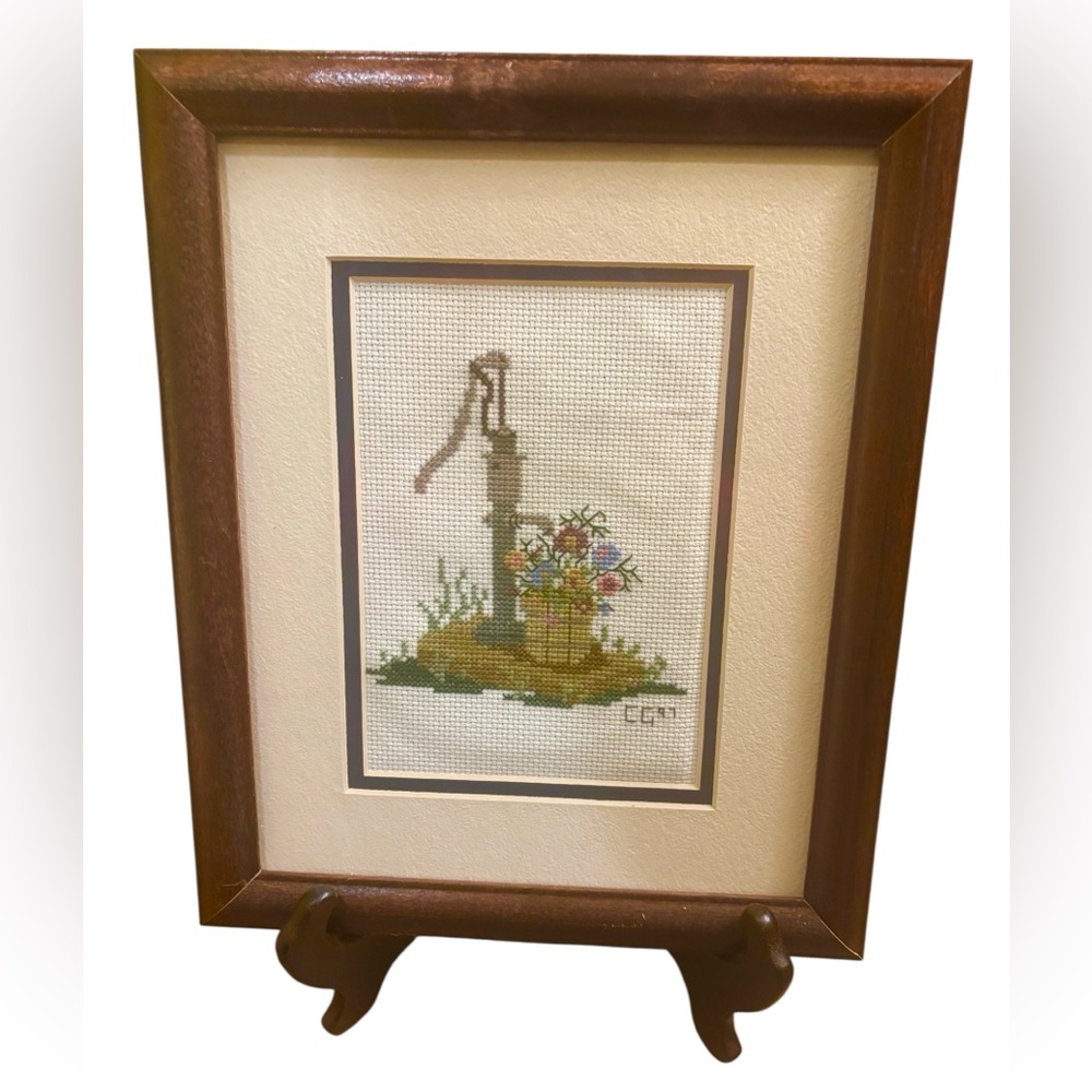 Framed Vintage Cross-Stitch Art with Water Pump Design from 1997- Beautiful